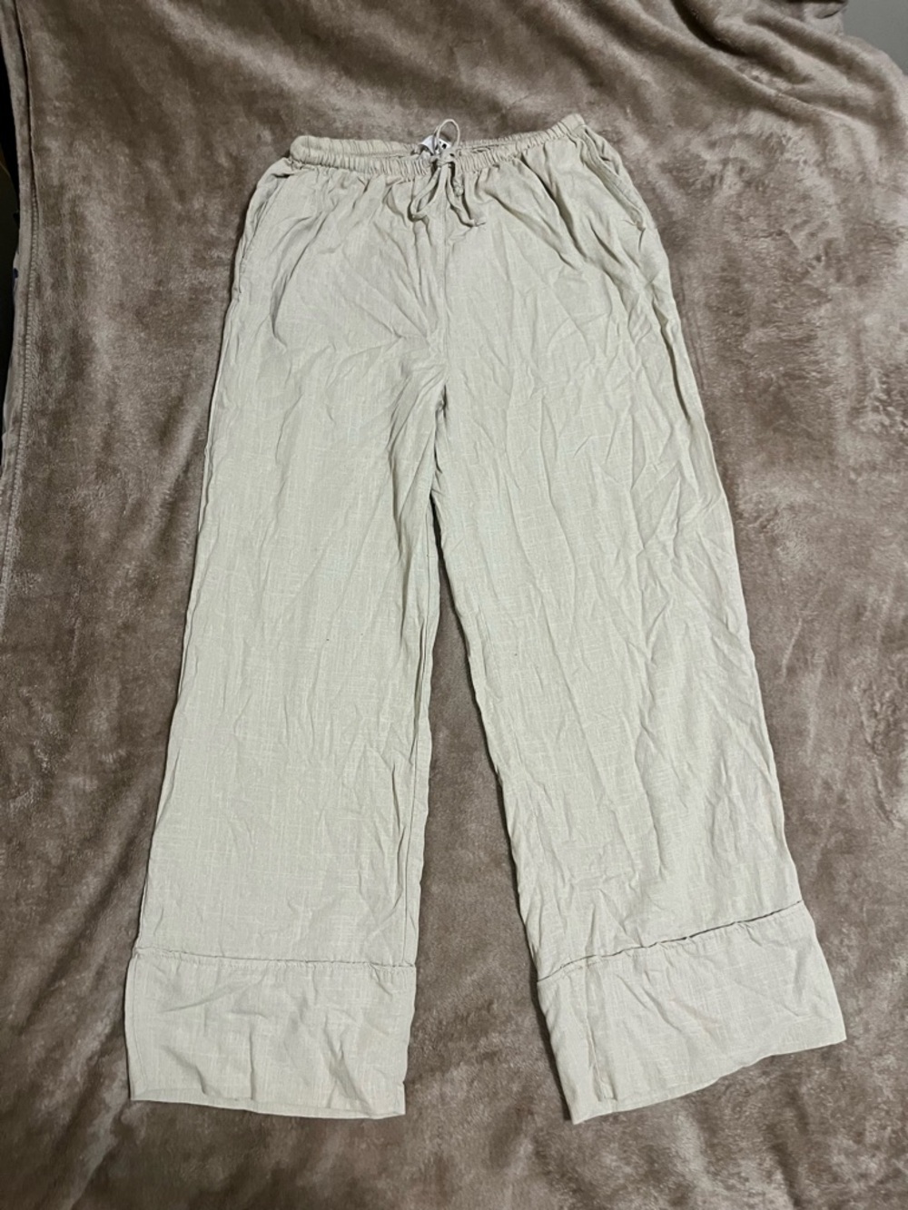 Light Beige Wide-Leg Drawstring Pants